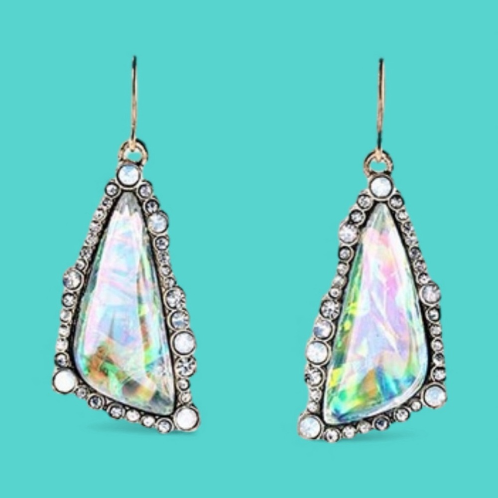 NEW•Sugared + Bronzed Shimmer Crystal & Paua Shell Unique Drop Earrings - Picture 4 of 16